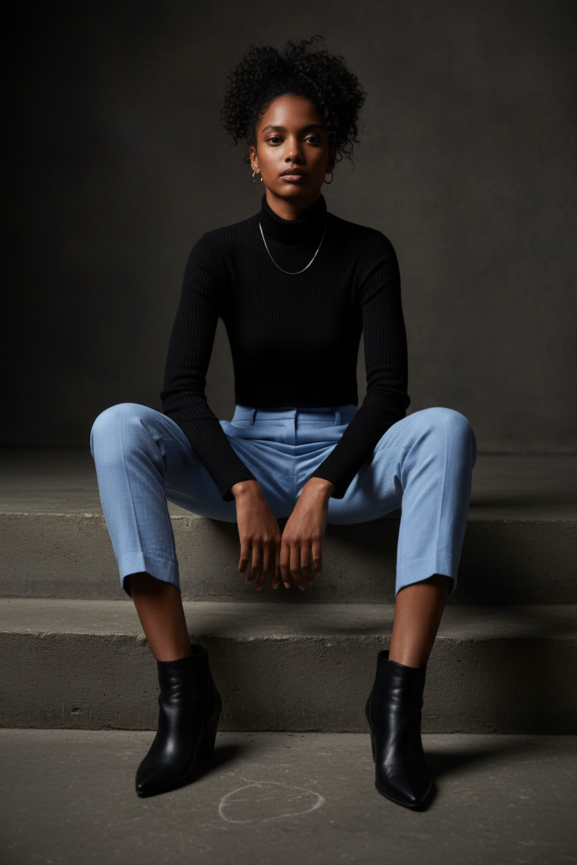 Noir contrast styling — Express sky blue linen trouser with black turtleneck and ankle boots