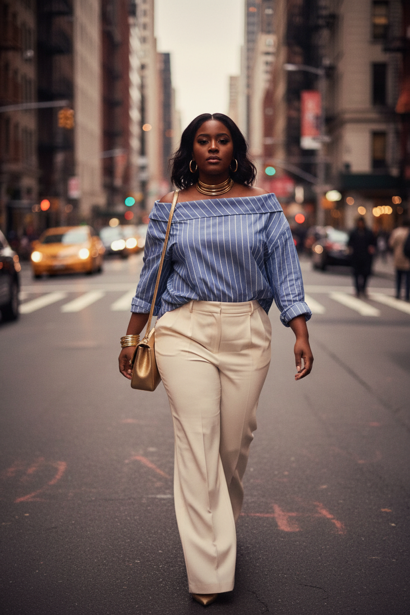 The Blueprint — Banana Republic Pinstripe Off-Shoulder Shirt