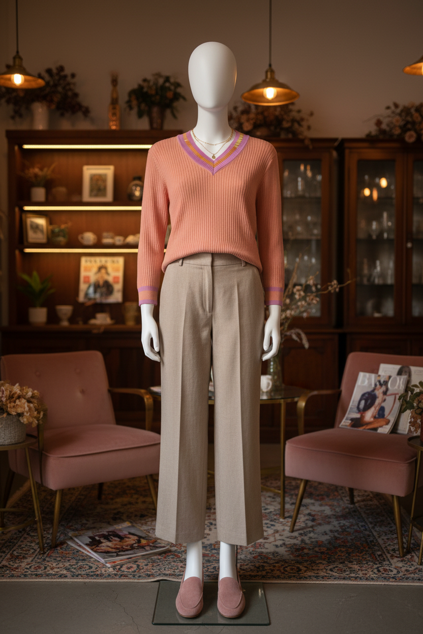 Sunset Reverie Ribbed Sweater styled in boutique setting with moody lighting