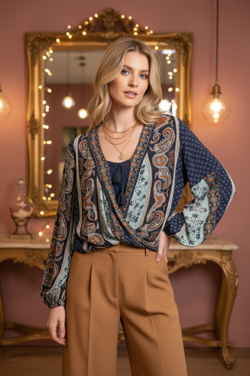Wanderer’s Spell — Ardene Paisley Mixed-Print Tassel Blouse
