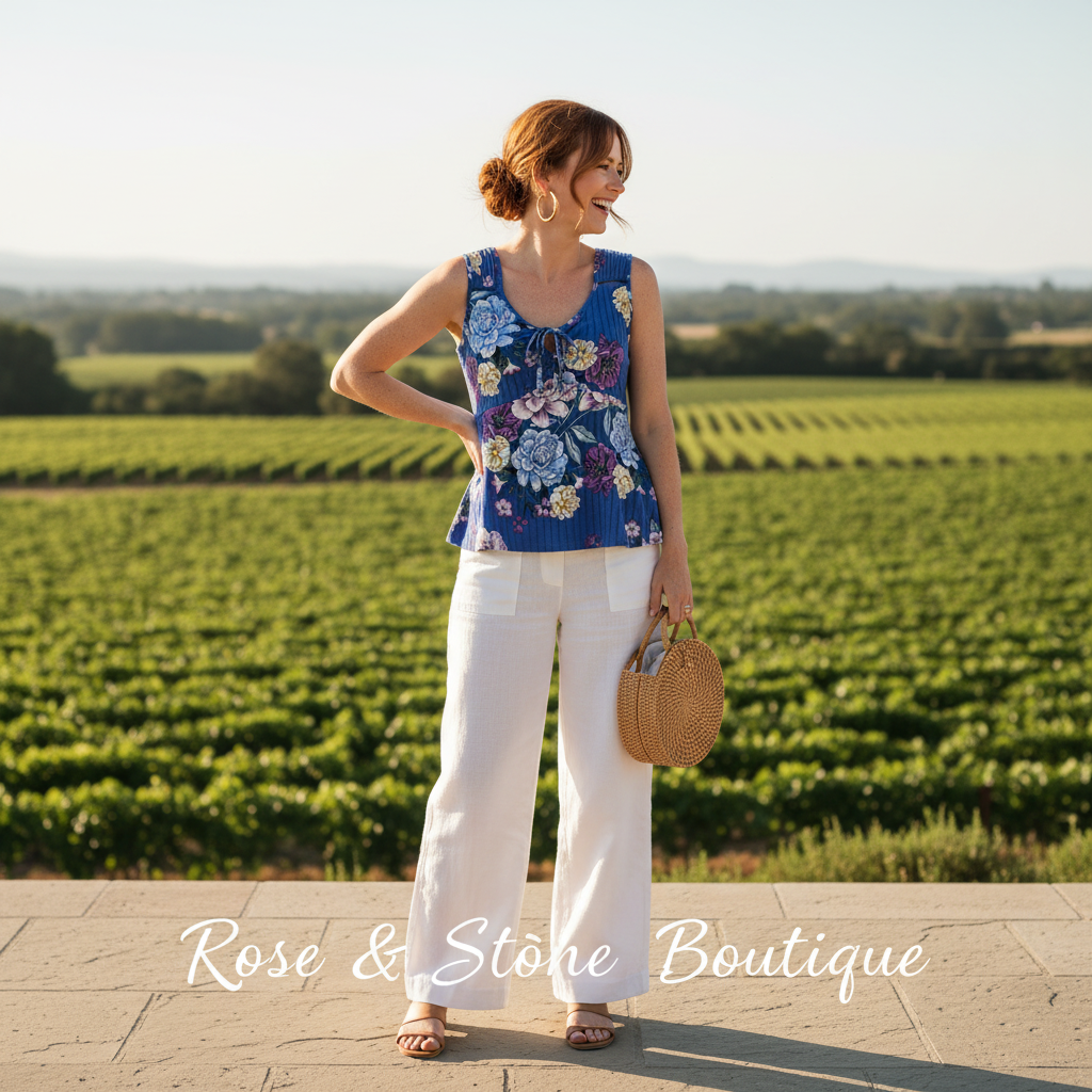 Model wearing cobalt floral peplum tank with wide-leg white linen trousers at a sun-drenched winery terrace