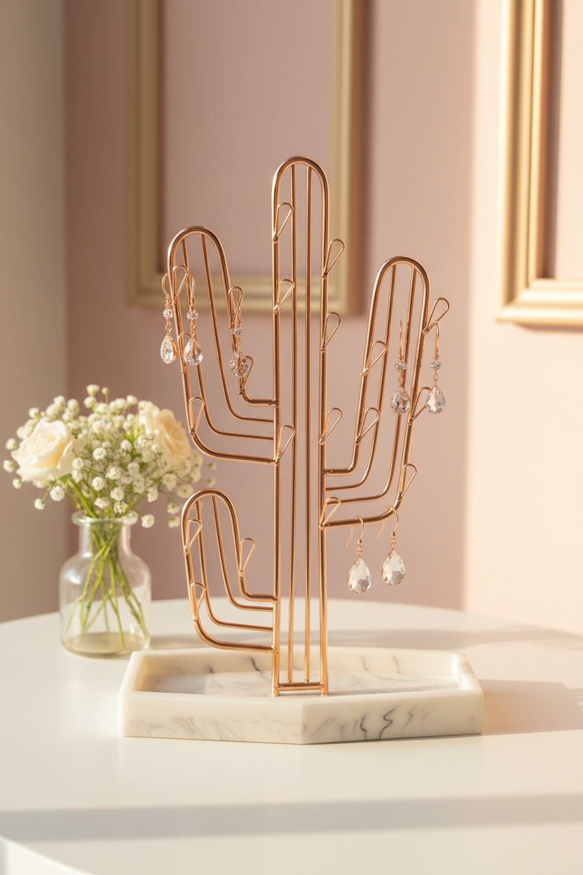 Rose gold wire cactus earring holder with marble base in light airy setting