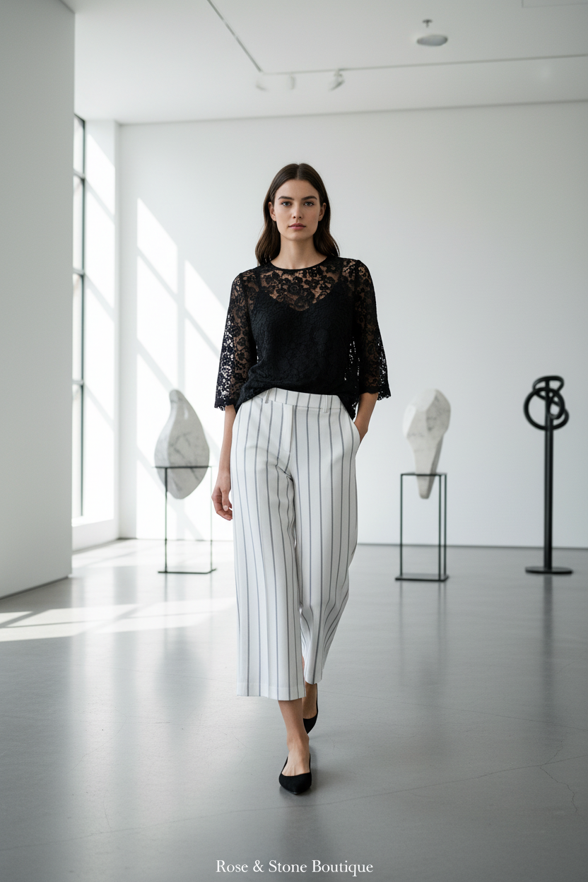 Model wearing white pinstripe wide-leg cropped pants with black lace blouse in art gallery