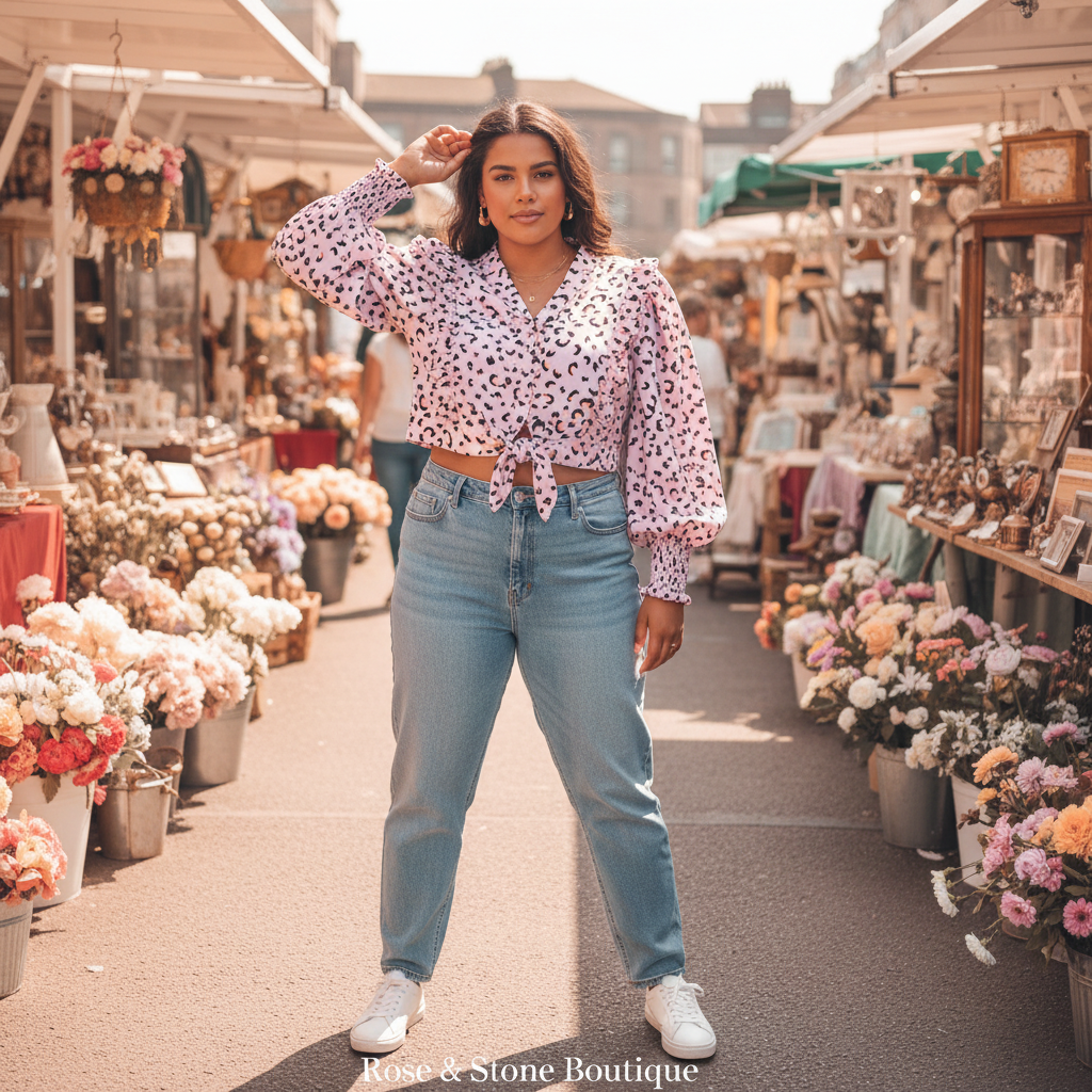 Model in her 20s wearing The Wild Bloom Blouse at a weekend market - 1:1