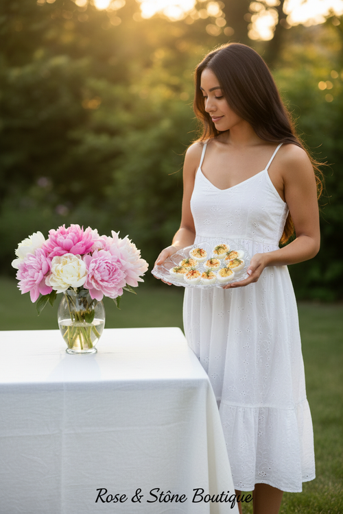 Garden party lifestyle scene with vintage pressed glass deviled egg plate