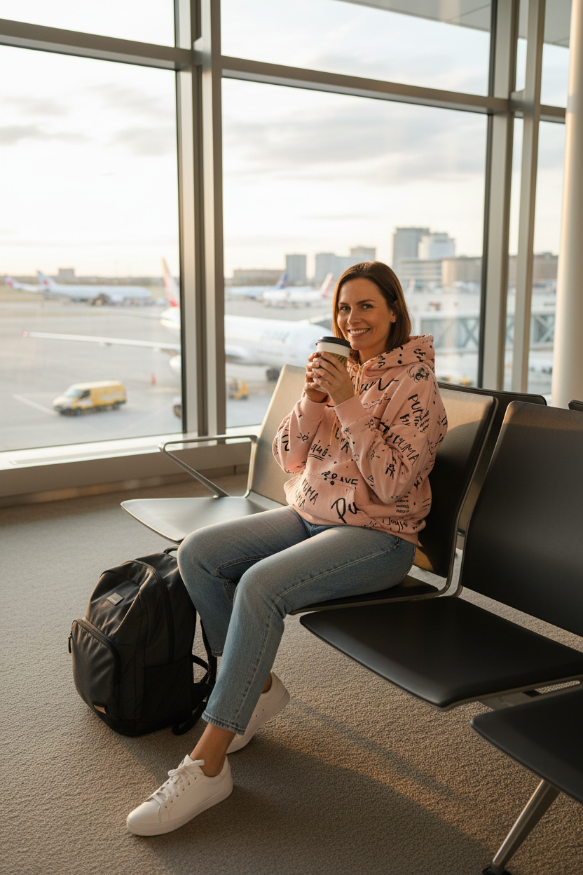 Size large model in her 30s wearing Puma blush pink all-over print hoodie at airport