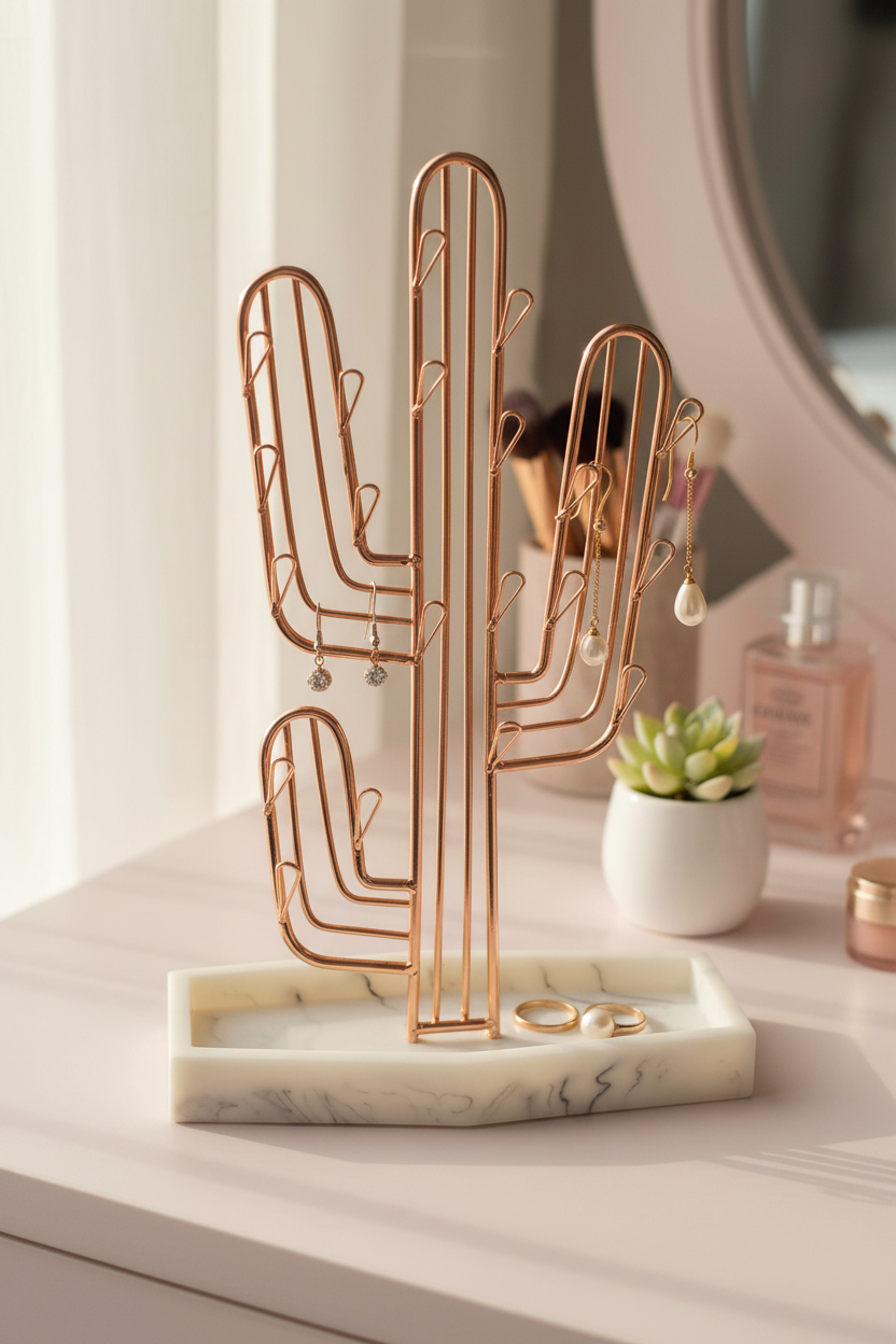 Rose gold wire cactus jewelry holder styled on a feminine vanity dresser