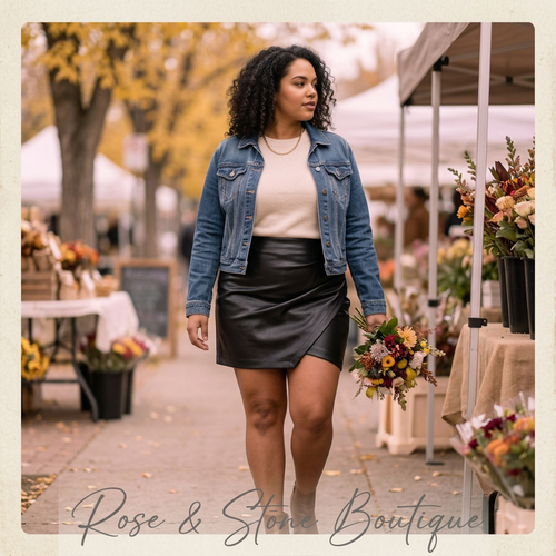 Dynamite black faux-leather asymmetric mini skirt styled for an autumn flower-market outing
