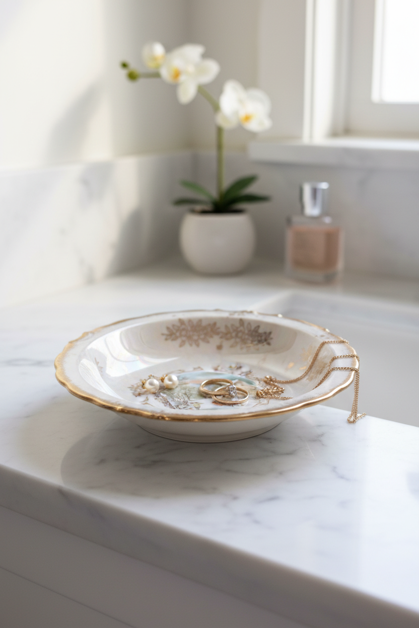 Vintage Japanese lusterware basin bowl on marble vanity holding pearl earrings and gold jewellery