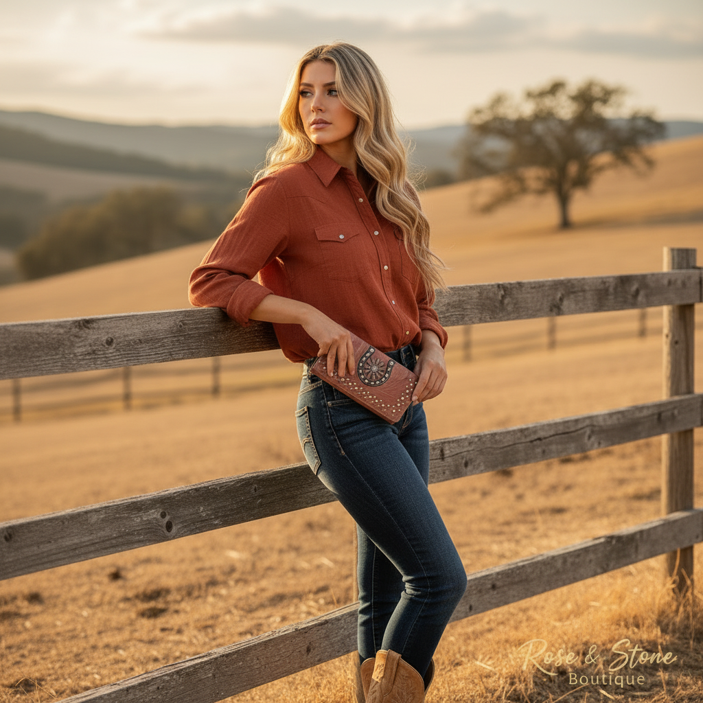 Model tucking the Dusty Trail Wallet into her back pocket at a ranch fence