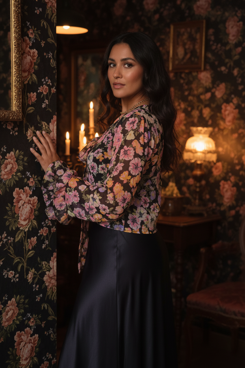Model wearing Fallen Petal Blouse in candlelit boutique interior, over-the-shoulder pose with satin skirt