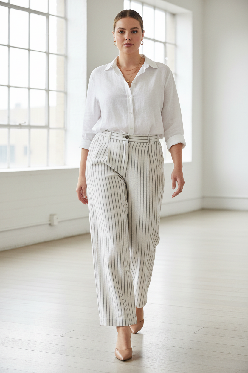 Loft interior styling — size 14 model in striped wide-leg pant with white linen shirt and nude mules