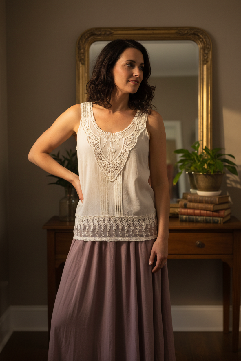 Kismet ivory lace bib tank — lifestyle 30s dressing room