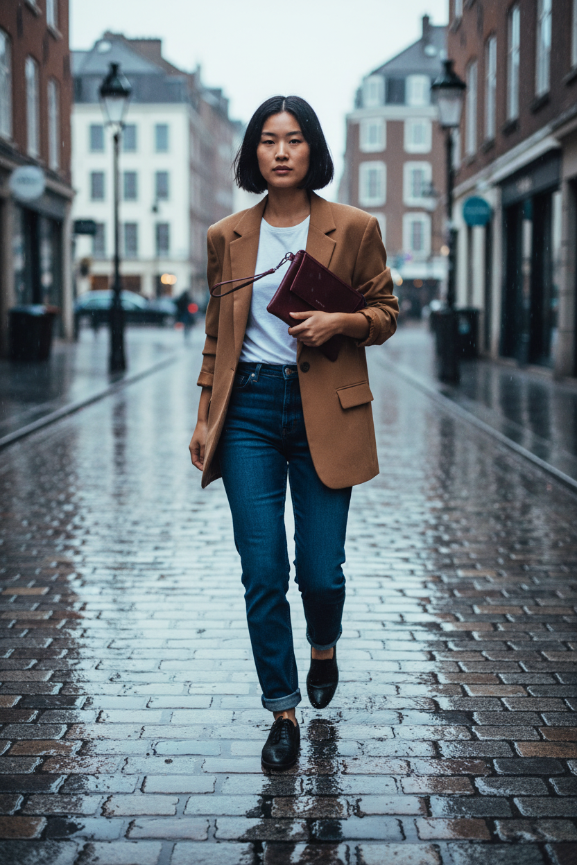 Model carrying burgundy Matt & Nat wristlet clutch under arm in camel blazer on rainy cobblestone street