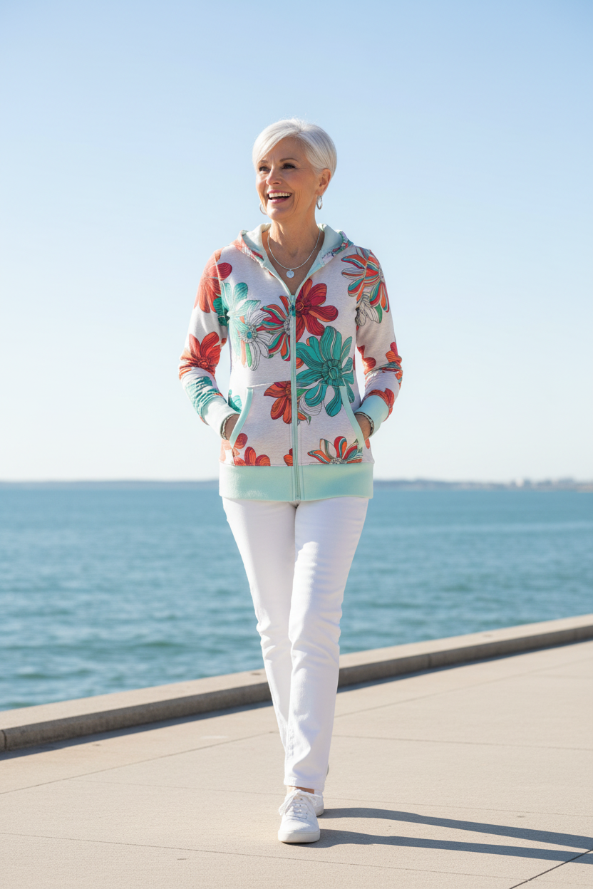 Size 10 model in her early 60s wearing Lululemon floral zip hoodie on sunny waterfront promenade