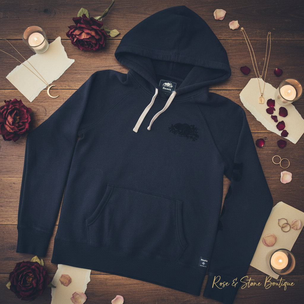 Moody cinematic hero — Roots navy pullover hoodie