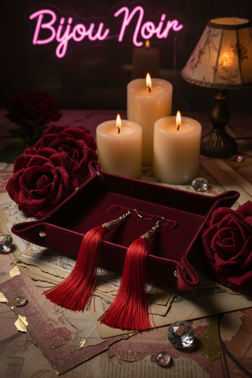 Red tassel earrings on dark velvet tray in moody boutique setting