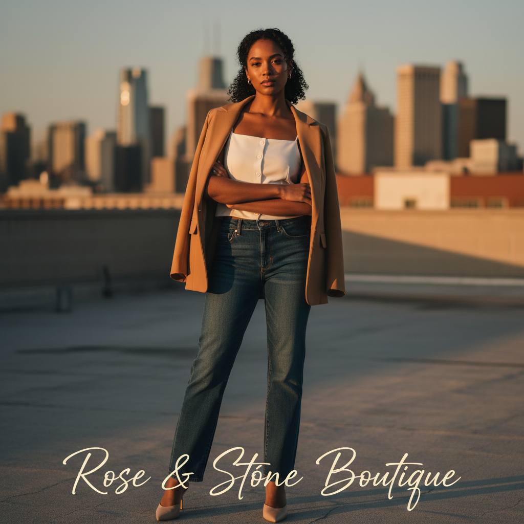 Model wearing ivory button-front cami tucked into dark jeans with camel blazer on rooftop at golden hour