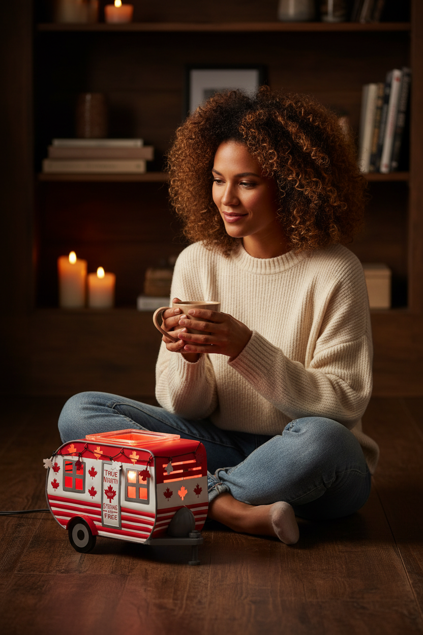 Model lifestyle image - cozy floor moment with Canadian Strong Scentsy Warmer