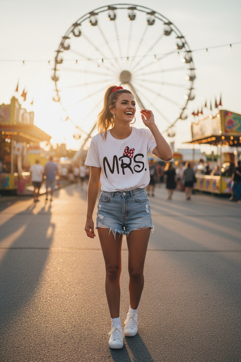 Model in her 20s wearing BEGIN MRS Minnie Mouse tee at summer fair