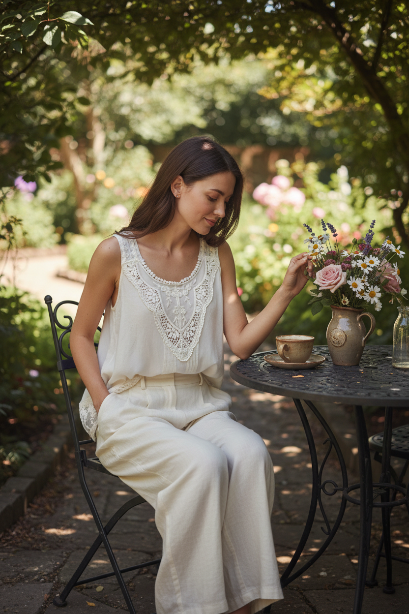 Kismet ivory lace bib tank — lifestyle 20s garden brunch