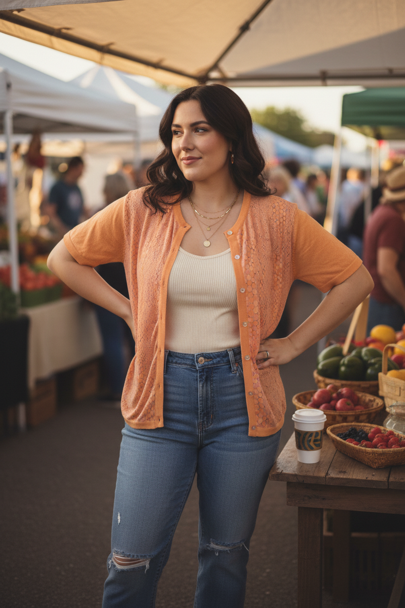 Tasse Tasse apricot lace cardigan — lifestyle 20s market day