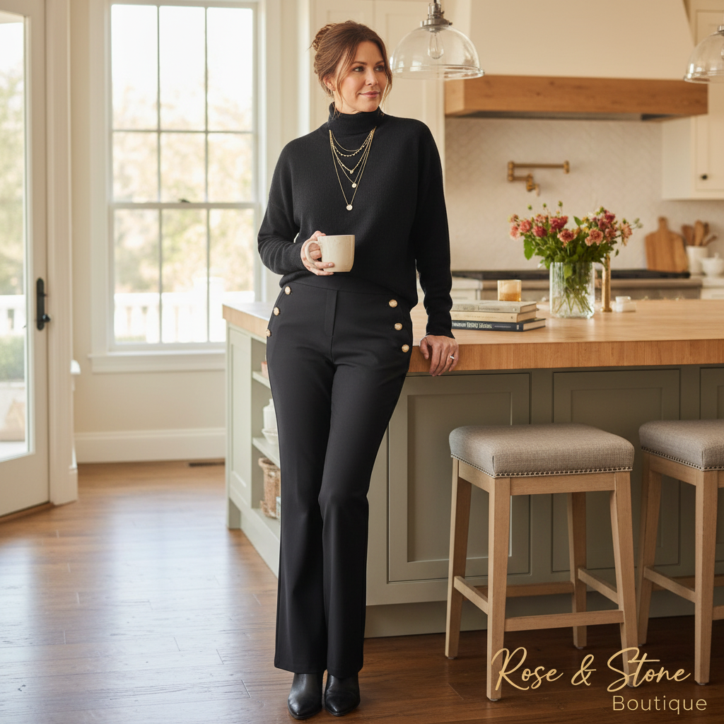 Rachel Zoe Sailor Button Flare Trouser — model 40s sophisticated