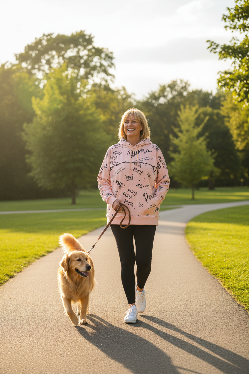 Size large model in her 50s wearing Puma blush pink all-over print hoodie walking dog in park