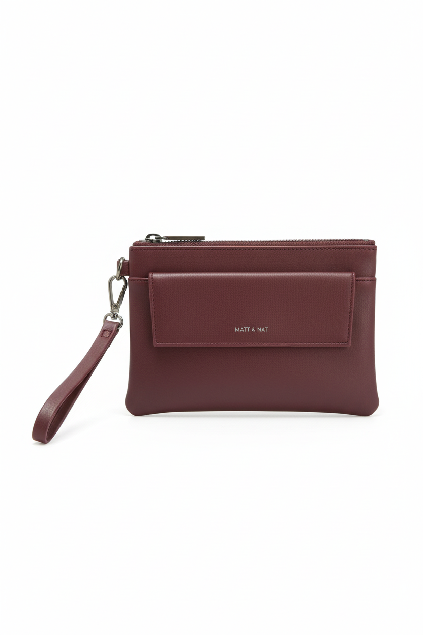 Matt & Nat burgundy vegan leather wristlet clutch on white background