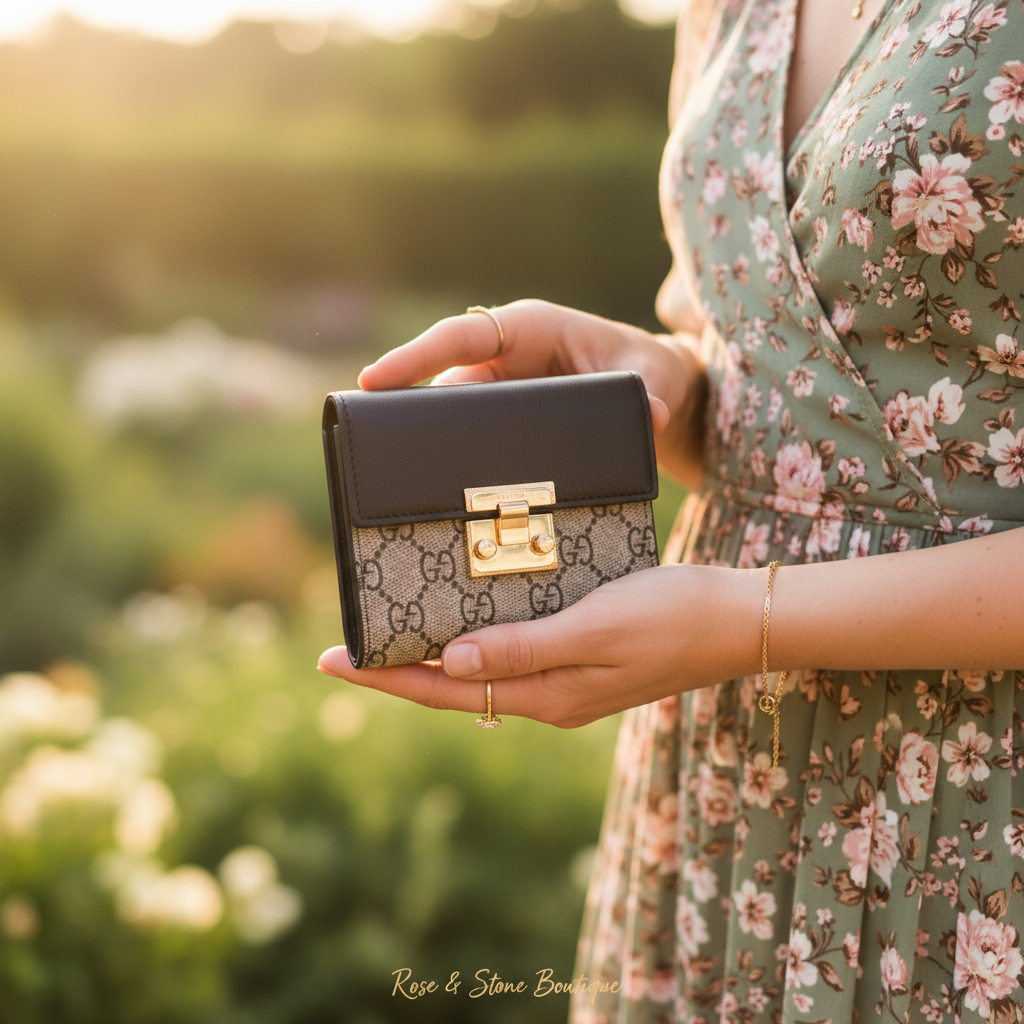 GG-style compact wallet — hand holding wallet, outdoor garden golden hour