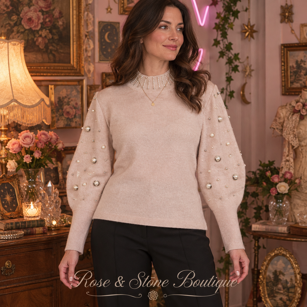 Pearl Afterglow sweater on a Medium-build model, boutique gallery styling