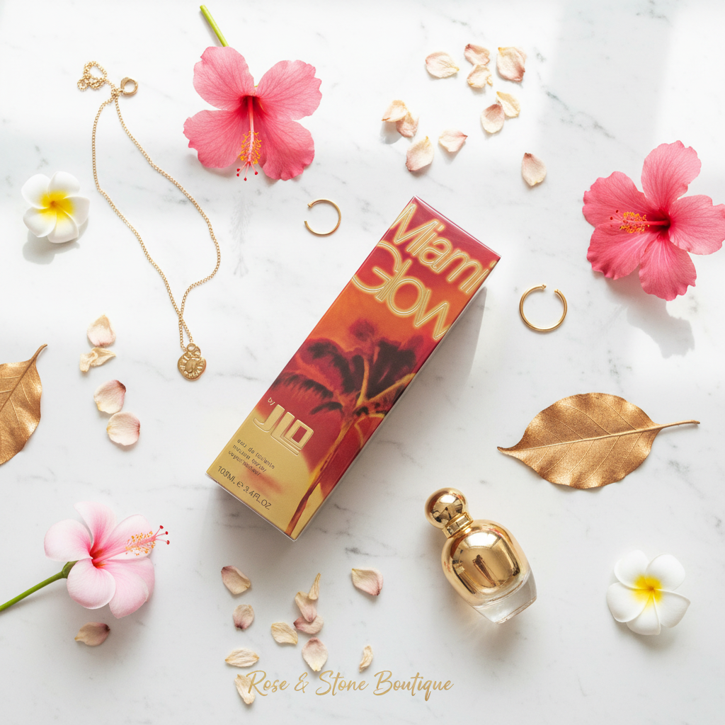 Miami Glow JLo EDT — flat lay marble with tropical flowers