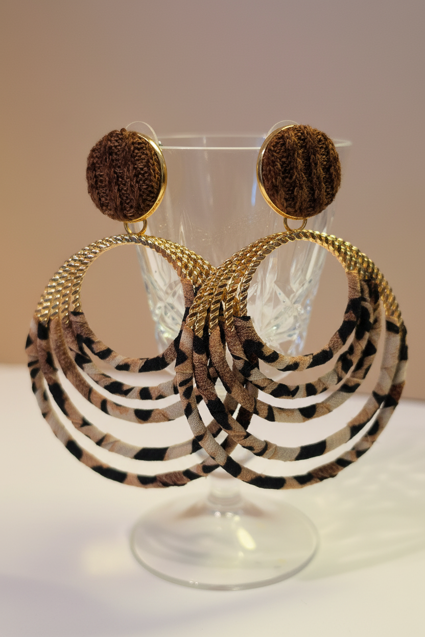 Oversized leopard print fabric hoop earrings with chocolate pom-pom stud, Rose & Stōne Boutique