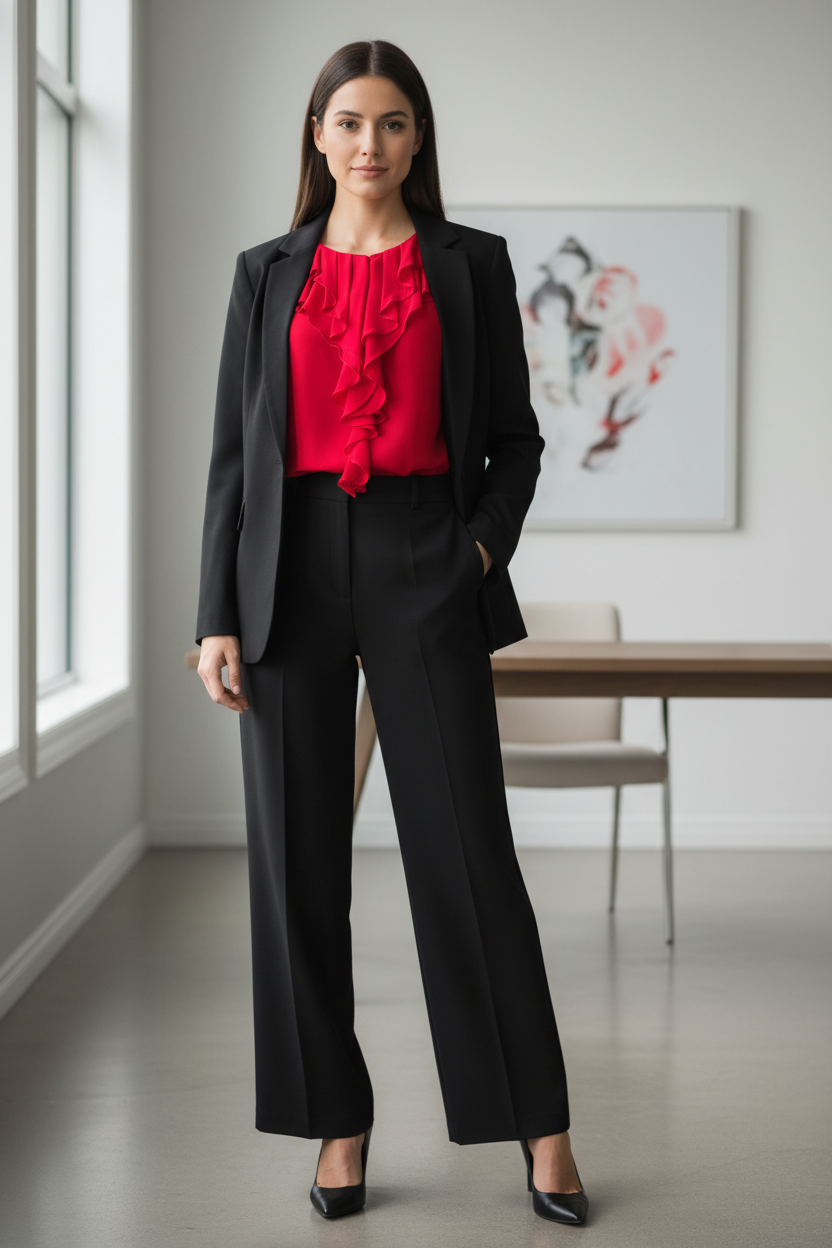 Scarlet Flutter Blouse — power-dressing with black blazer and trousers