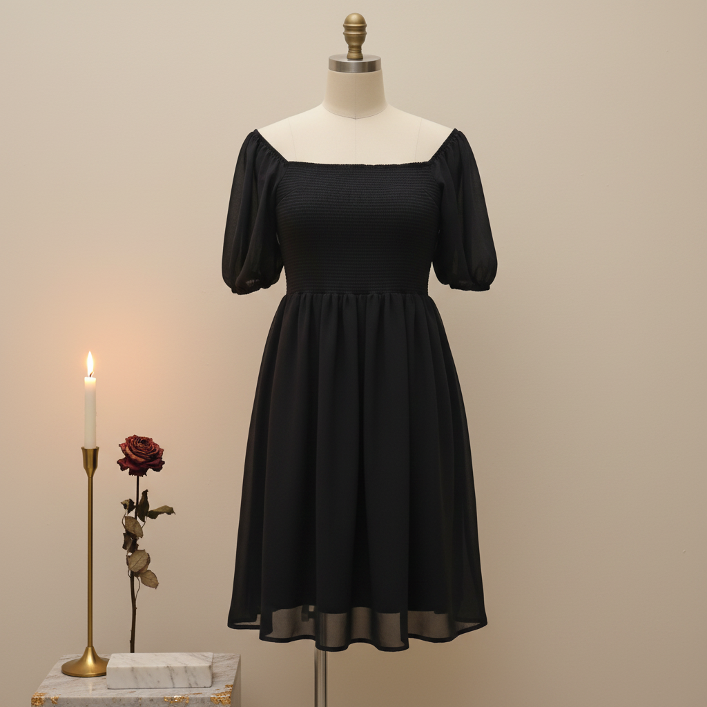 Dusk Spell Off-Shoulder Smocked Puff Sleeve Mini Dress — Black