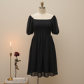 Dusk Spell Off-Shoulder Smocked Puff Sleeve Mini Dress — Black