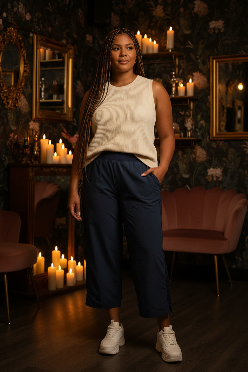 Model wearing Midnight Drift Cropped Wide-Leg Pants in navy in moody boutique setting