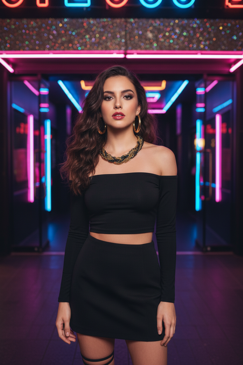 Young woman wearing chunky gold black chain necklace at nightclub girls night out