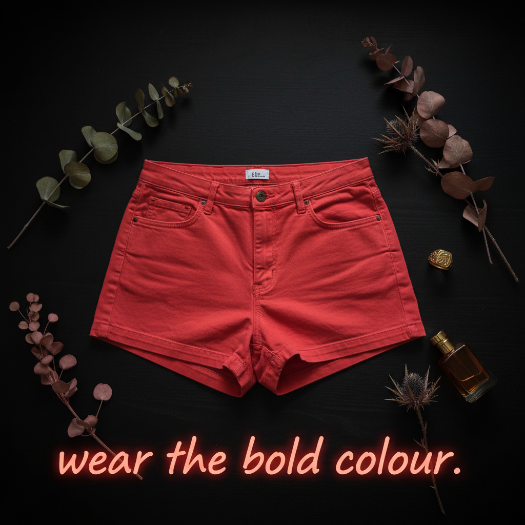 Instagram promo flat lay of GAP paprika high-rise denim shorts with neon text wear the bold colour