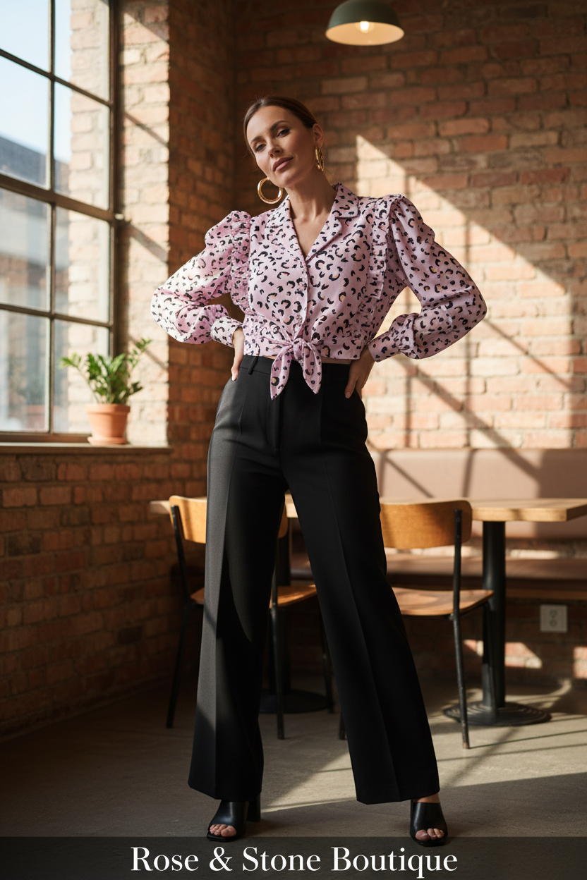Model in her 30s wearing The Wild Bloom Blouse at a sunlit café