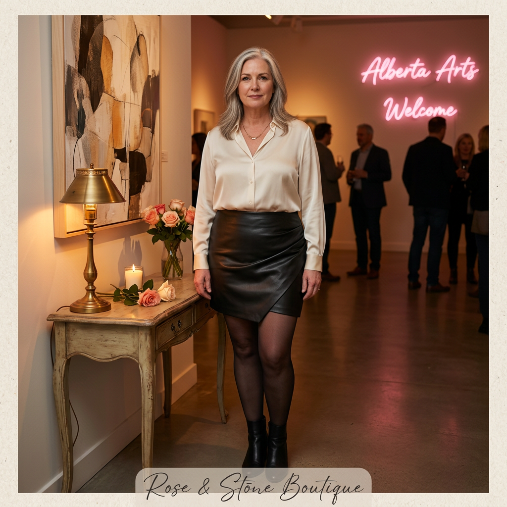 Dynamite black faux-leather asymmetric mini skirt styled for an evening art-gallery date
