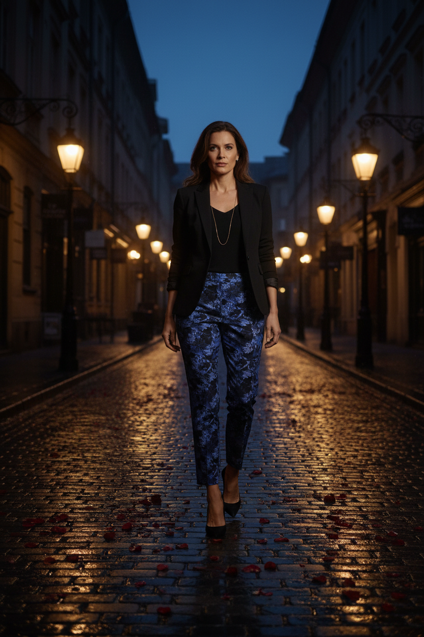 Wild Indigo Avery Trousers — cobblestone street lifestyle