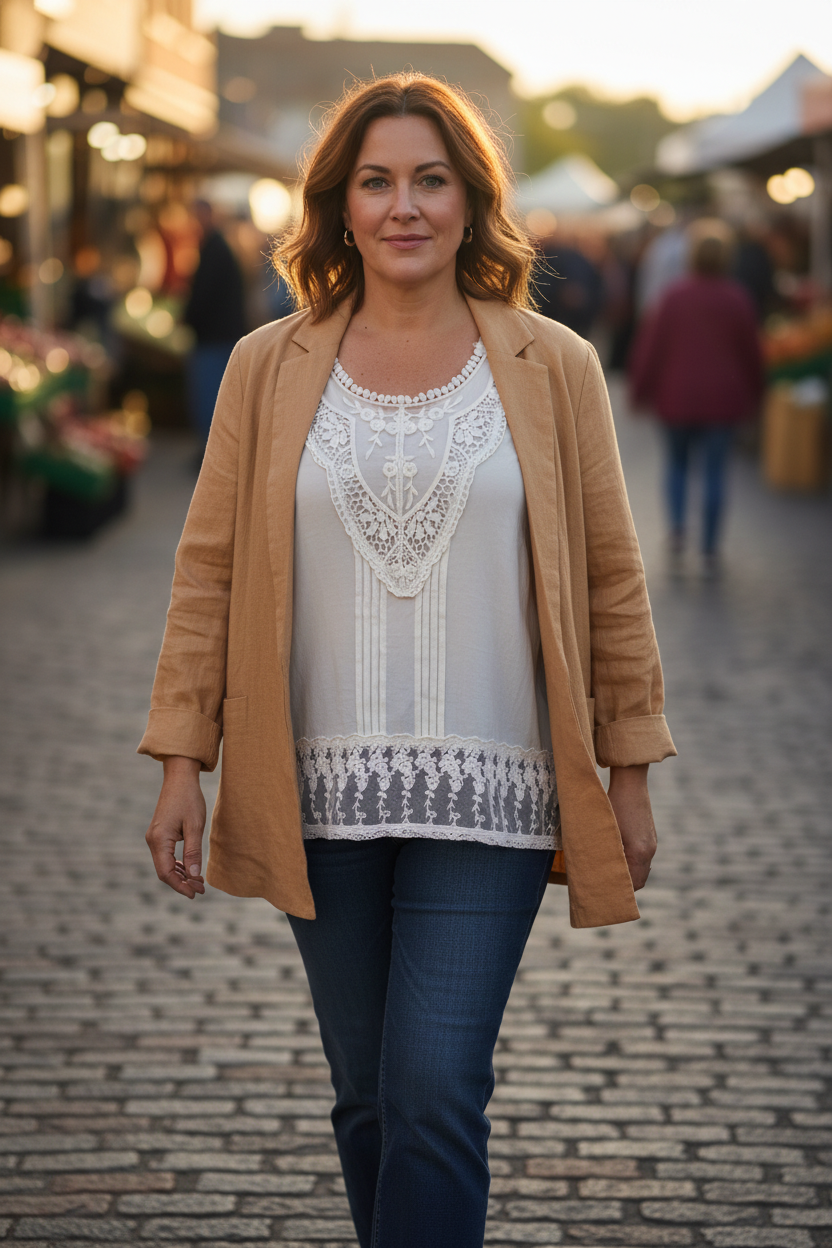 Kismet ivory lace bib tank — lifestyle 40s golden hour street