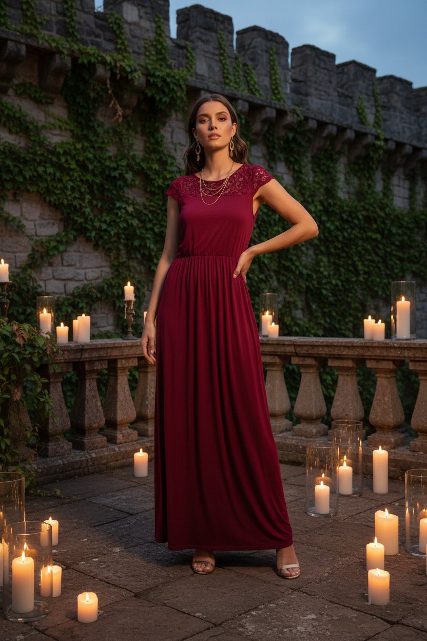 Darkly Blooming Crimson Lace Maxi Dress