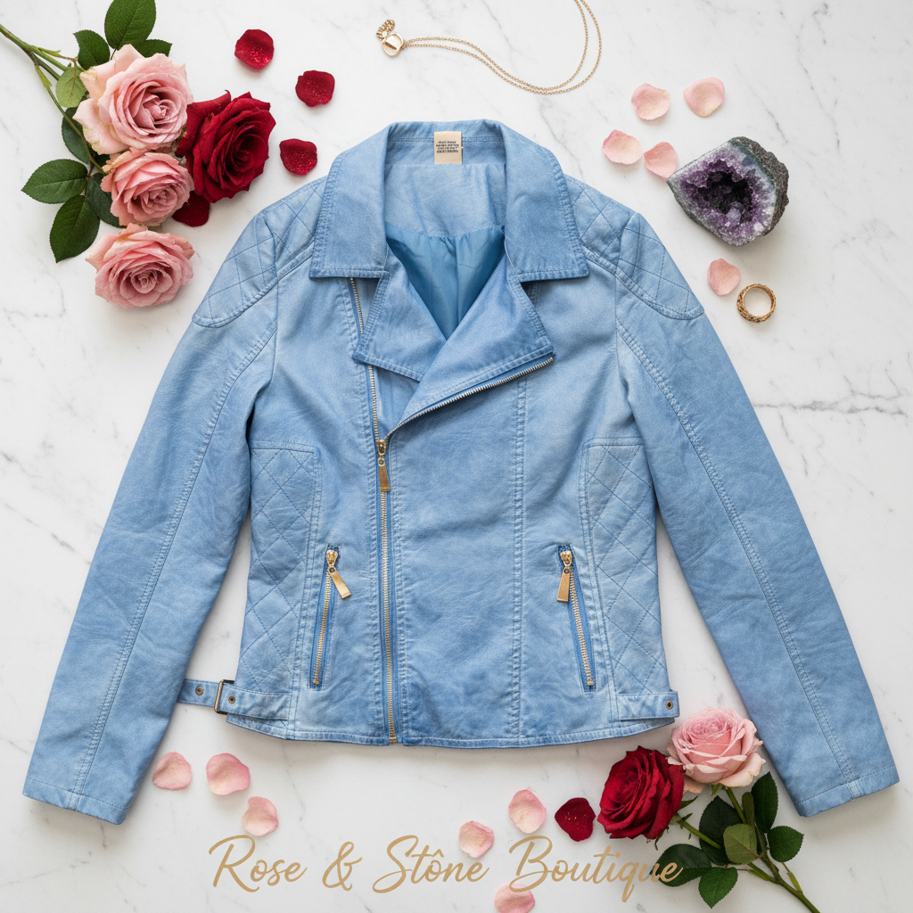 Boutique flat lay - sky blue quilted moto jacket with roses, gold chain and crystals