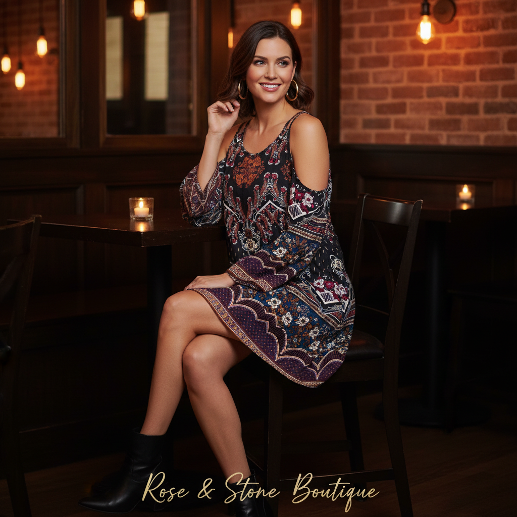 Venus Boho Medallion Cold-Shoulder Flutter Sleeve Mini Dress — Size L