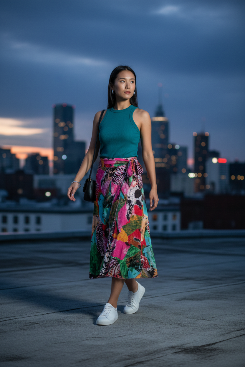 Wild at Heart Wrap Midi Skirt styled with teal tank and white sneakers on urban rooftop