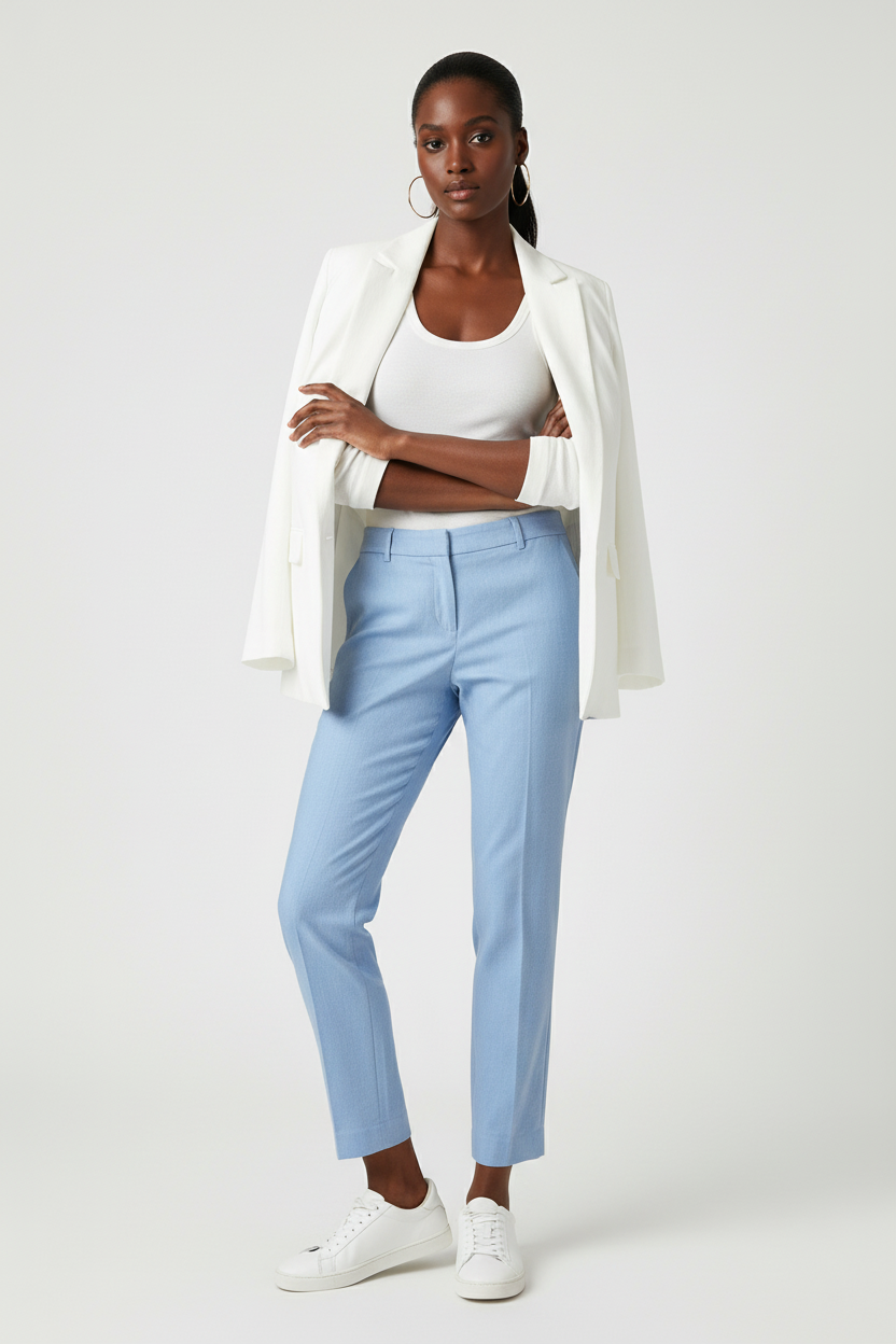 White studio styling — size 10 model in sky blue linen trouser with white blazer and sneakers