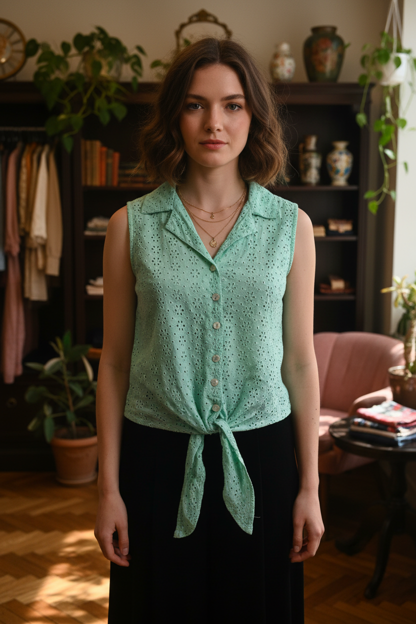 Gently Drifting Mint Eyelet Tie-Front Blouse
