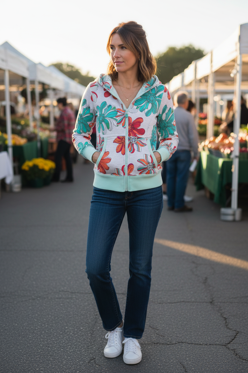 Size 10 model in her mid 30s wearing Lululemon floral zip hoodie at farmers market